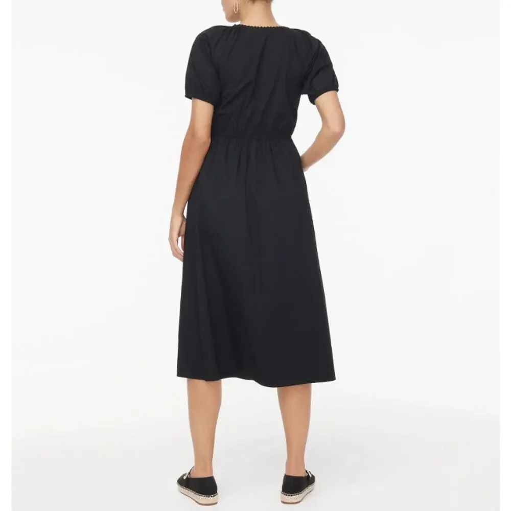 J.Crew Lace Trim Midi Dress WMNS 6 Black Puff Short Sleeve V-Neck Gathered Waist